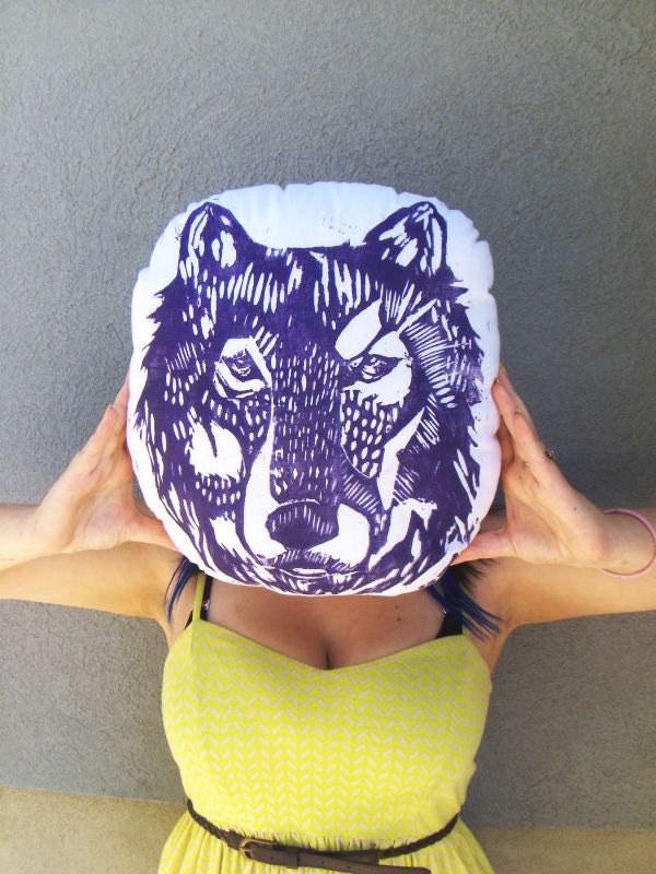 Plush Wolf Pillow. Hand Woodblock Printed. 16 inches. Pick your colors. Made to Order.