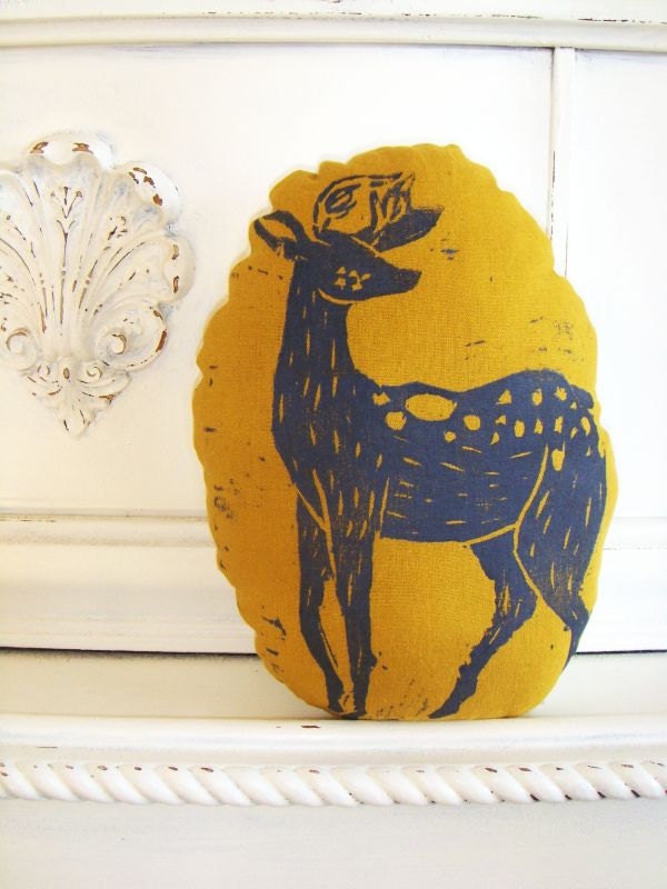 Plush Oval Deer Pillow in Grey and Yellow. Woodblock Printed. Customizable Colors. Made to Order.