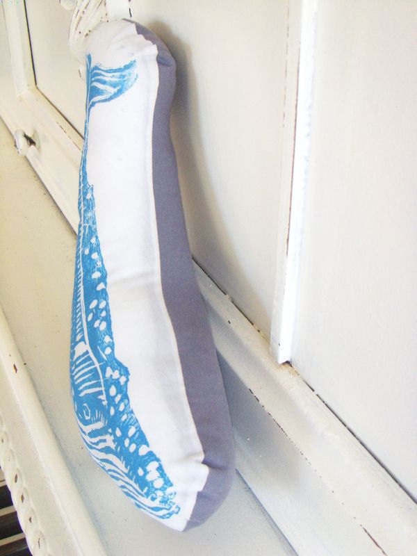 Plush Whale Pillow in Blue. Woodblock Printed. Customizable Colors. Made to Order.