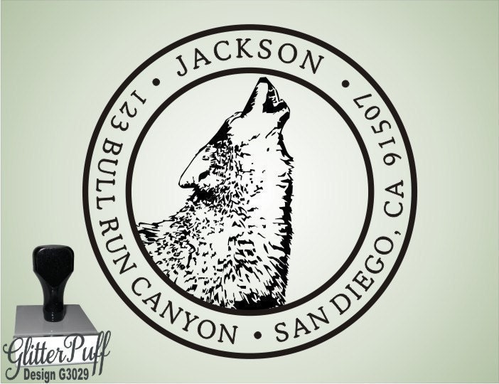 Custom Address Rubber Stamp - Wolf Howling with Full Moon Border - (G3029) Mounted Clear Acrylic  Handle