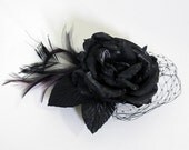 Rose 2 in 1 brooch and hairclip in black with feathers and french netting. Rose flower headpiece. Flower fascinator. Prom hair clip.