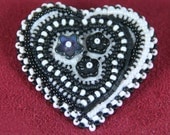 Beaded Brooch - Black and White Heart