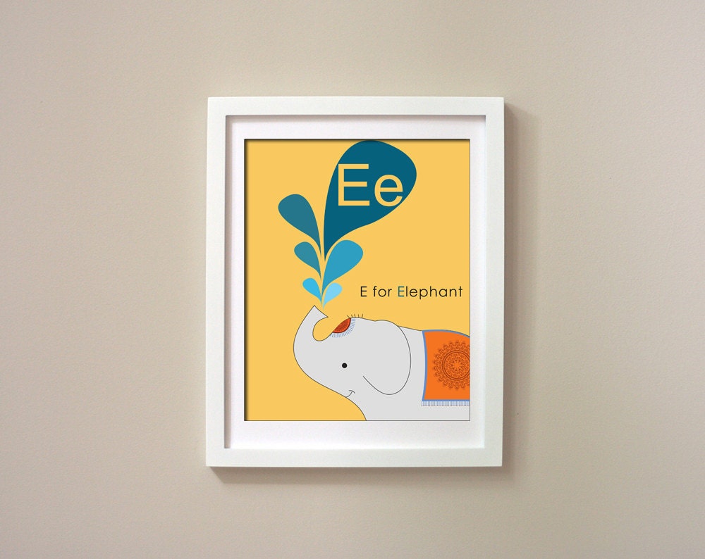 Printable Alphabet Art - E for Elephant - childrens room poster, baby room wall decor, and nursery print - personalized