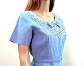 1950s 1960s Dress / 50s 60s DUSK Blue Dress / Pintucks Lace / Curvy / Medium