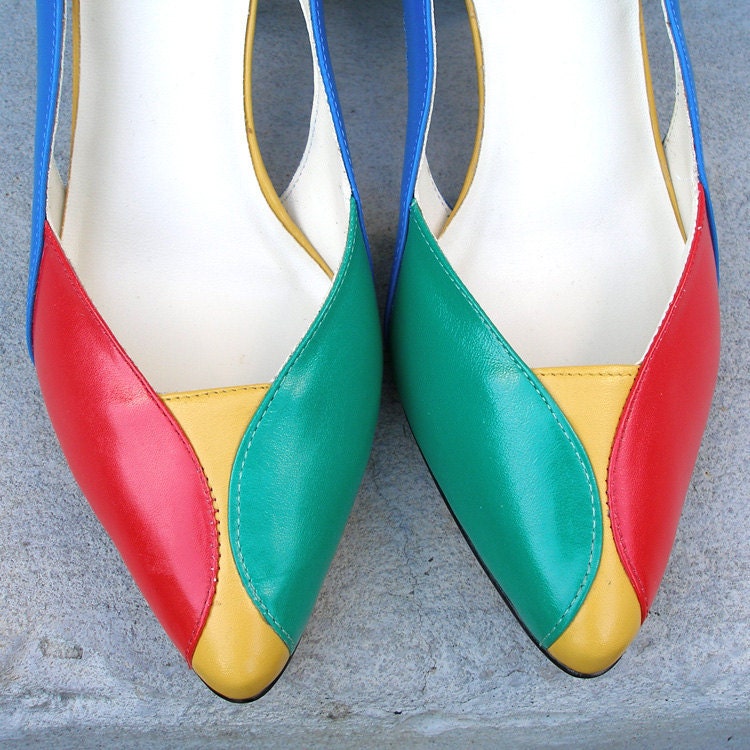 1980s High Heels / 80s PRIMARY Colors Pumps Shoes / Unworn/ 8.5M