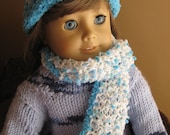 Doll Hat and Scarf Set fits American Girl Dolls and 18 inch Dolls - Turquois and White Colored Yarn - SALE - CLEARANCE