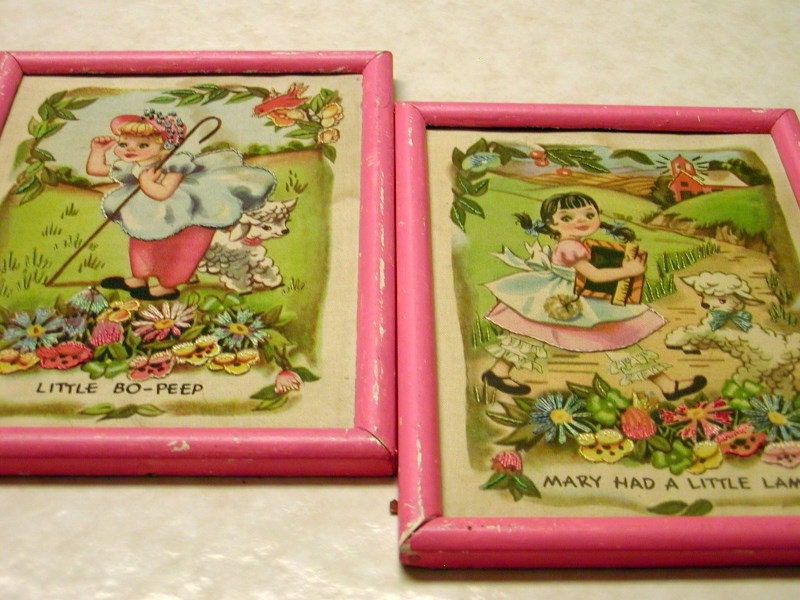 Nursery Rhymes in the Pink (Antique Estate Fabric Print Embroidered Mother Goose Mary Had a Little Lamb and Little Bo-Peep Pair Framed Pictures)