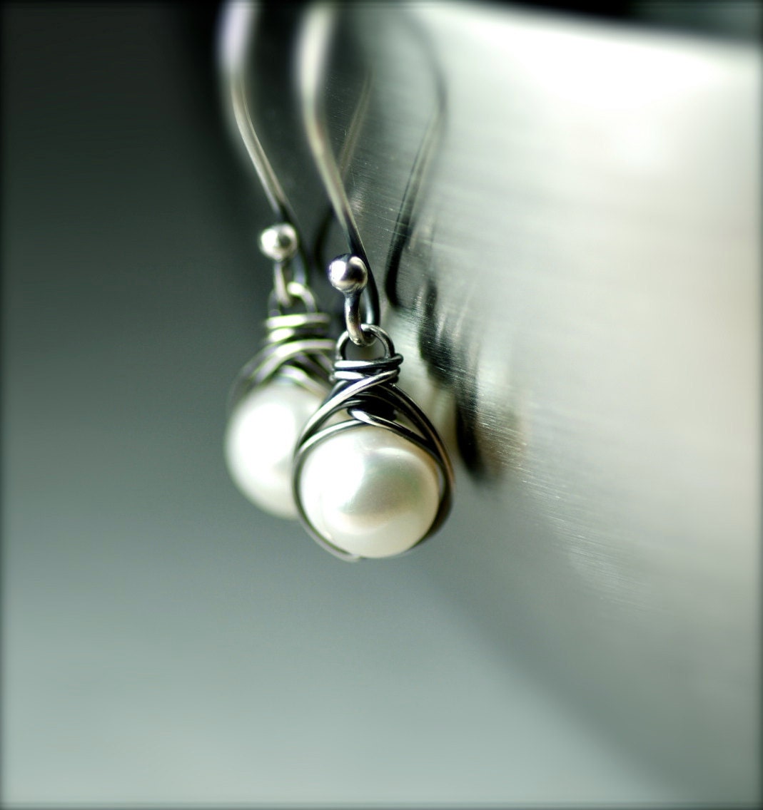 White Freshwater Pearls Wire Wrapped Earrings on Oxidized Sterling Silver