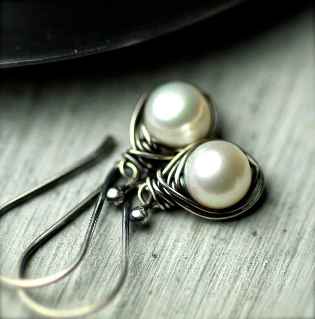 White Freshwater Pearls Wire Wrapped Earrings on Oxidized Sterling Silver