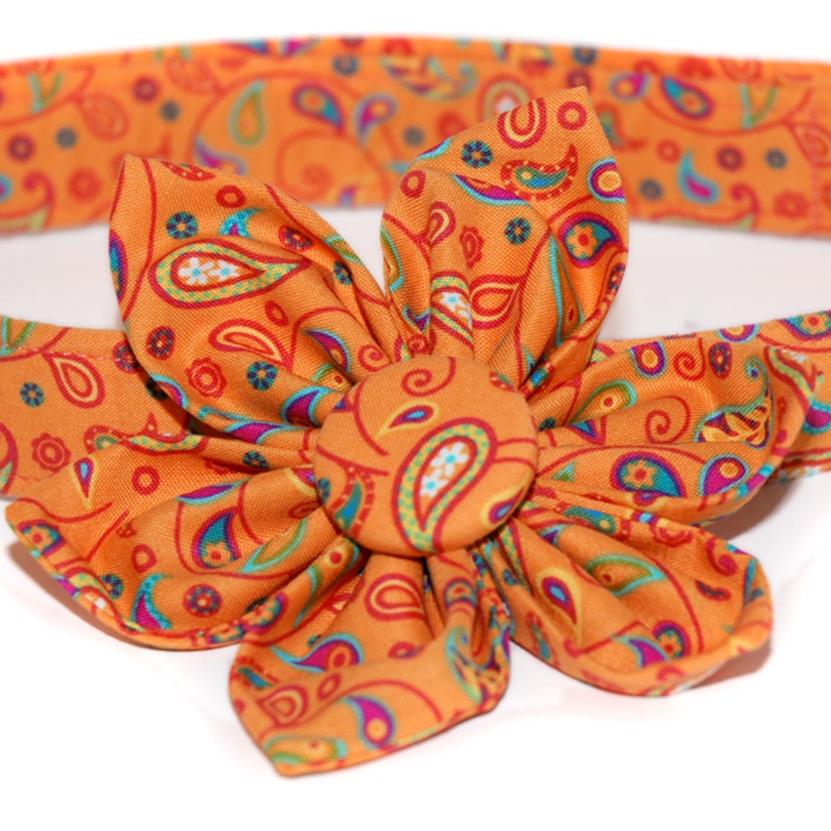 Clementine, Orange Paisley Dog Collar and Flower Set