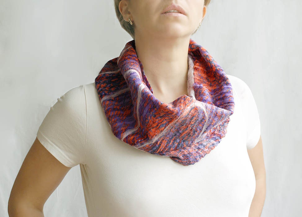 Nuno felted orange purple cowl urban scarf wool silk light for woman, mom, her eco friendly