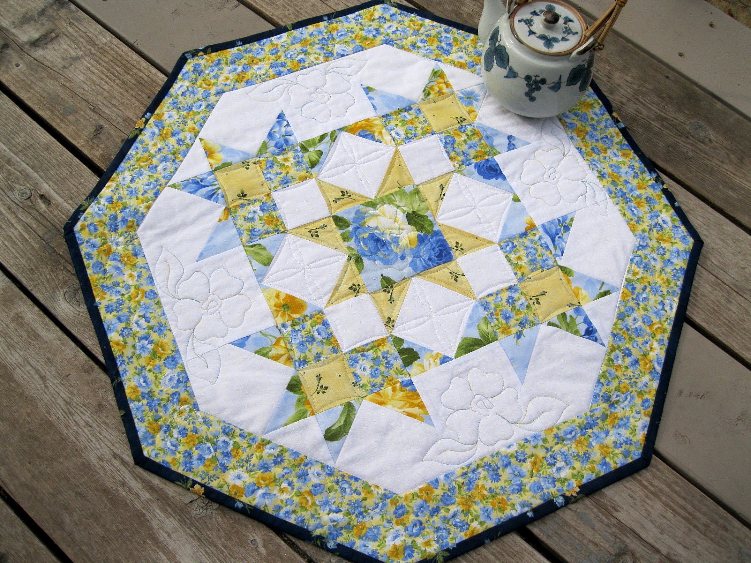 Summer Breeze 27 inch quilted table centerpiece in blue and yellow
