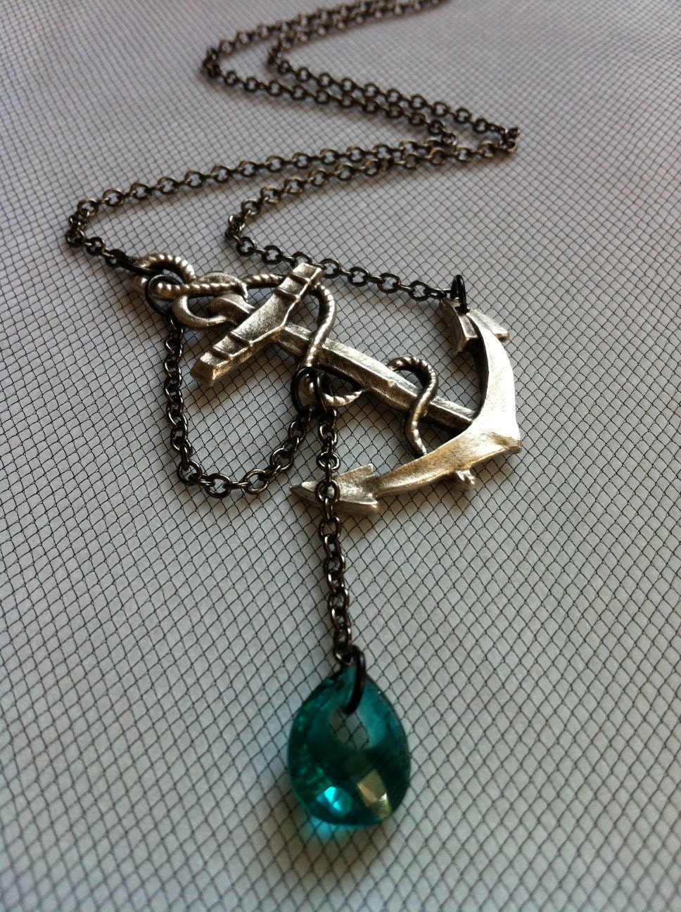 Reserved for Hannah Lost at Sea Necklace by SBC Teal Blue Quartz Hoop Briolette Silver Plated Anchor Gunmetal Chain Free Shipping Worldwide