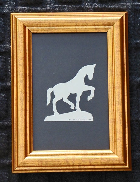 Horse - Scherenschnitte - Hand Paper Cutting Art signed and dated By Janet Lynch -4x6 Framed