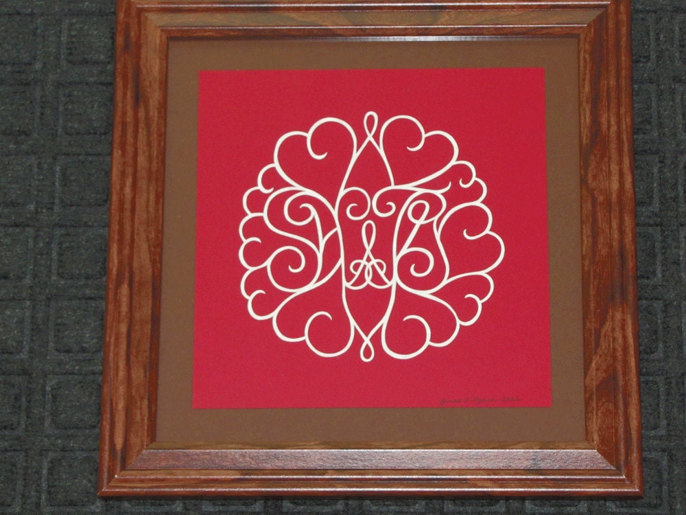 Custom Hearts and Monogram  - Scherenschnitte - Hand Paper Cutting Art signed and dated By Janet Lynch - Framed
