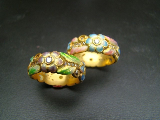 18K Gold enameled flower bands