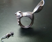 Cat Poison ring Sterling Silver and diamond eyes  with mouse. - Xidni