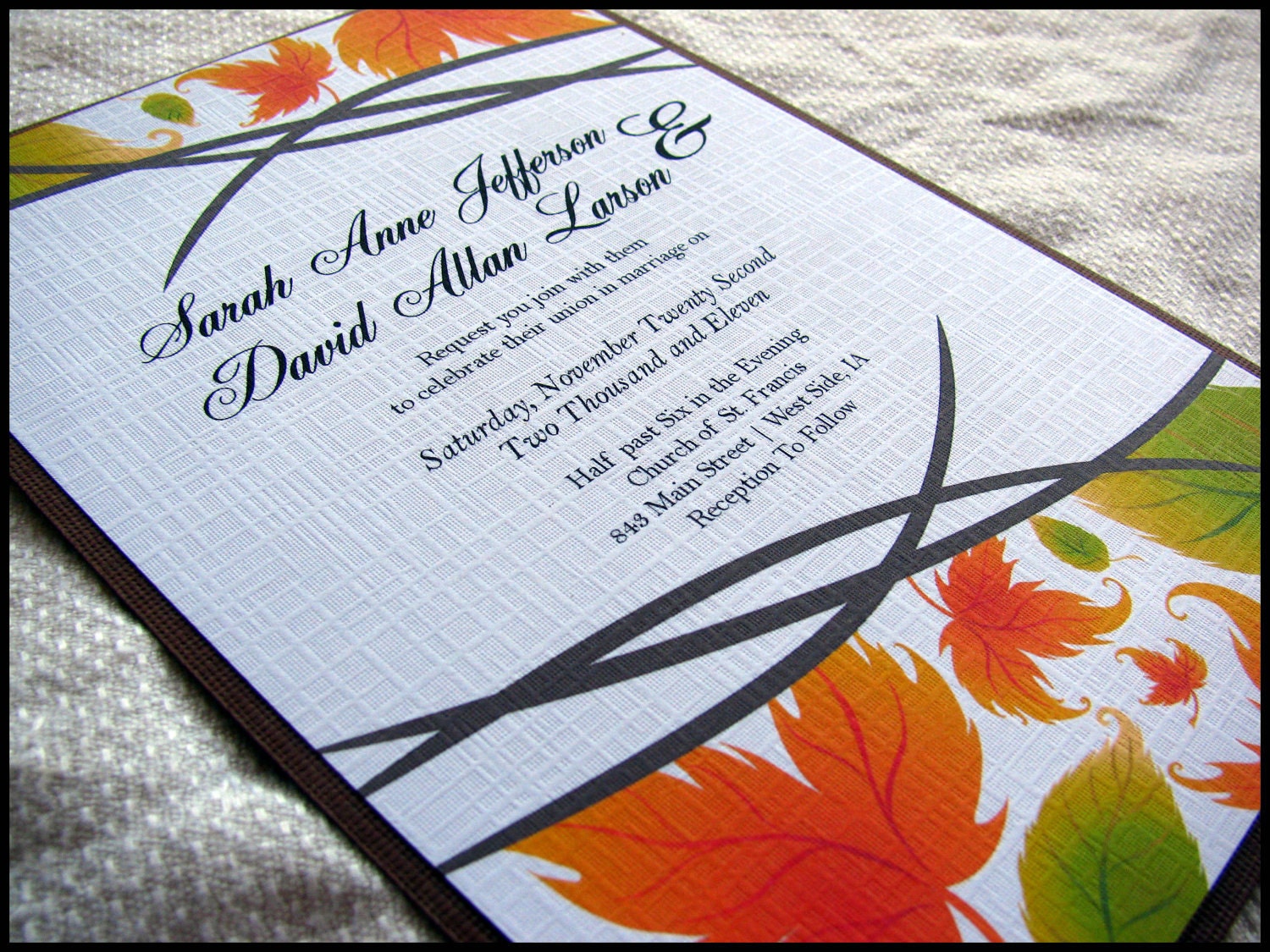Modern Autumn Leaves Wedding Invitation Set , custom printed or digital DIY printable by RunkPock Designs