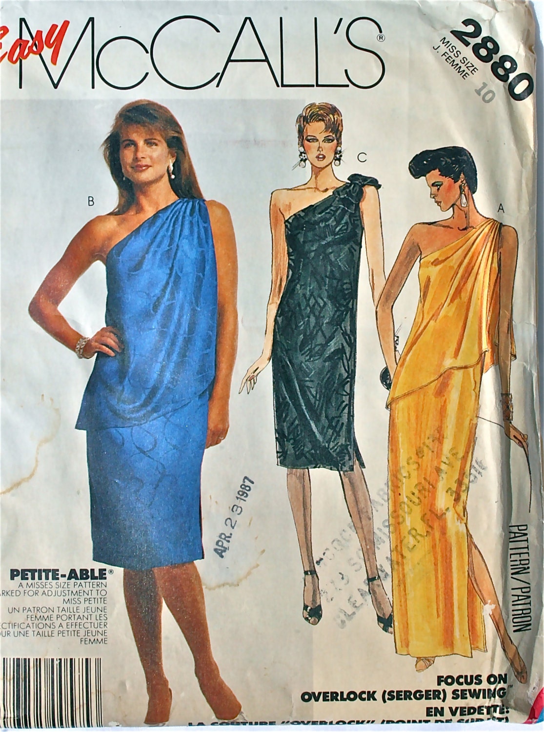 vintage 80's McCalls 2880 EASY one shoulder gown or dress, UNCUT, size 10 bust 32.5