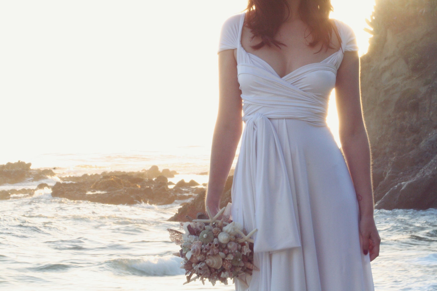 Last of Fabric- Long Oyster Pearl White Octopus Convertible Wrap Wedding Gown with Train