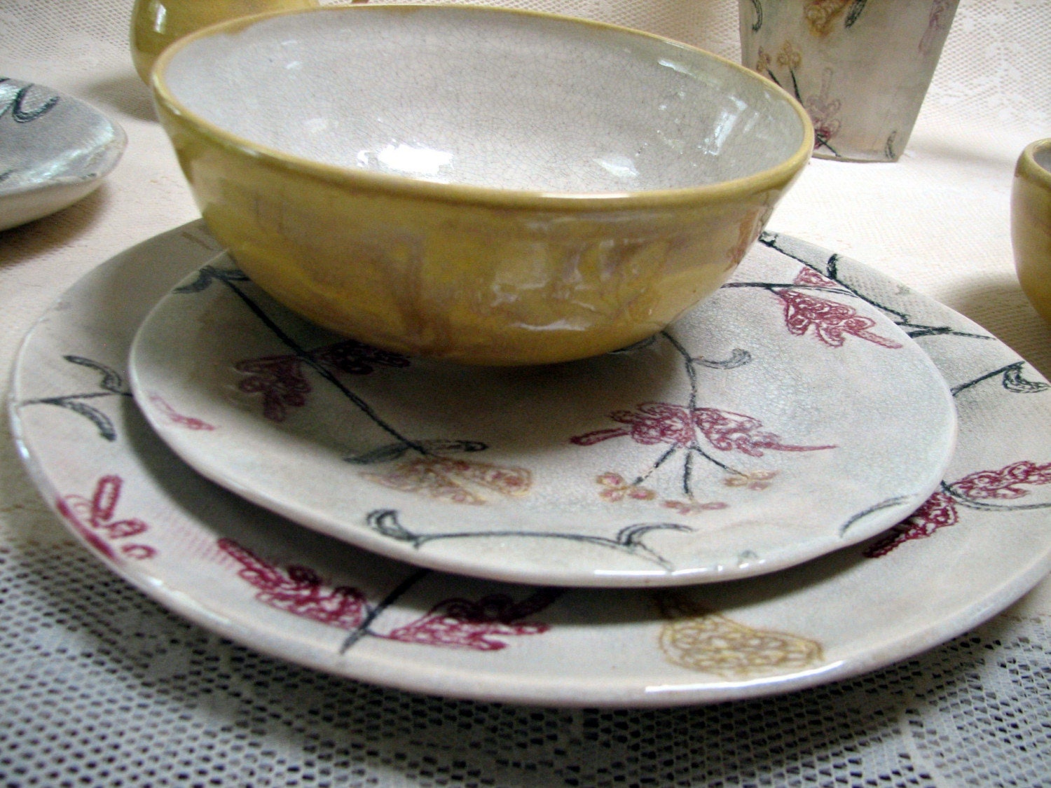 Handmade pottery, ceramic, stoneware clay, place setting, plate, cereal bowl and side plate set with floral print