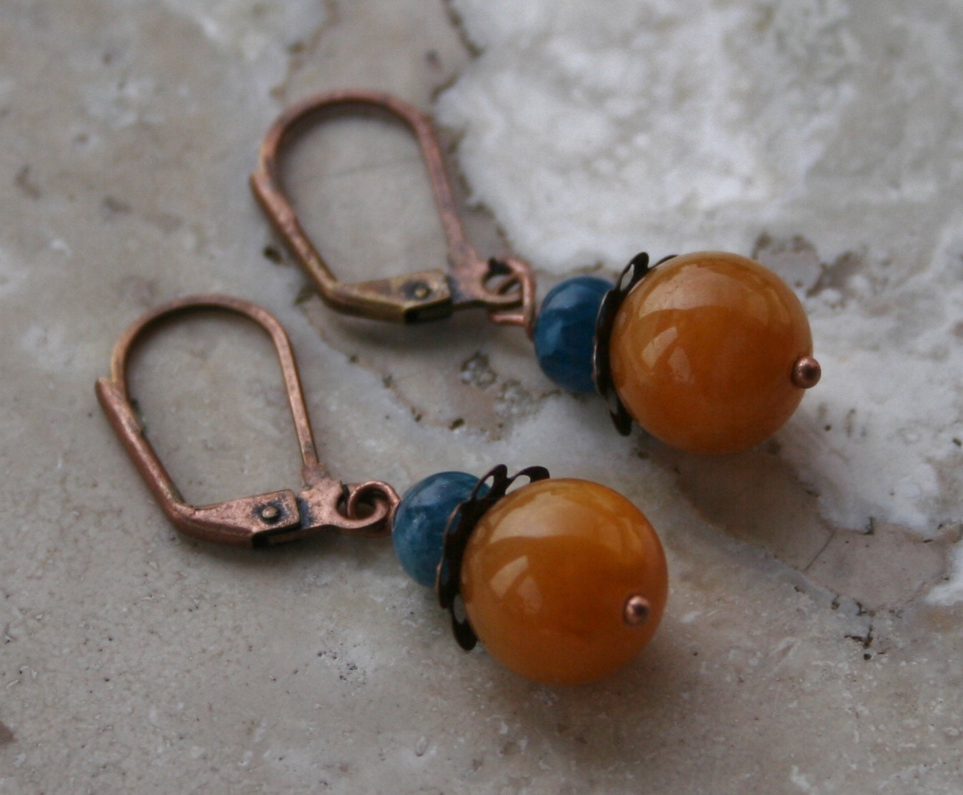 Earthy Rustic Earrings / Woodland Earrings / Yellow Jade Earrings / Blue Apatite Earrings / Dangle Earrings / Copper Earrings