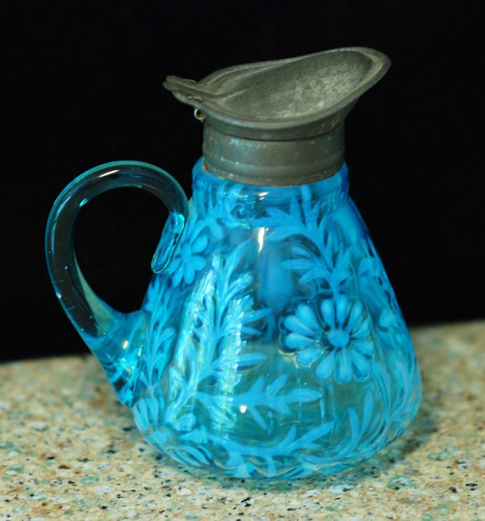 Hobbs Brockunier Antique Daisy and Fern Aqua Syrup Pitcher