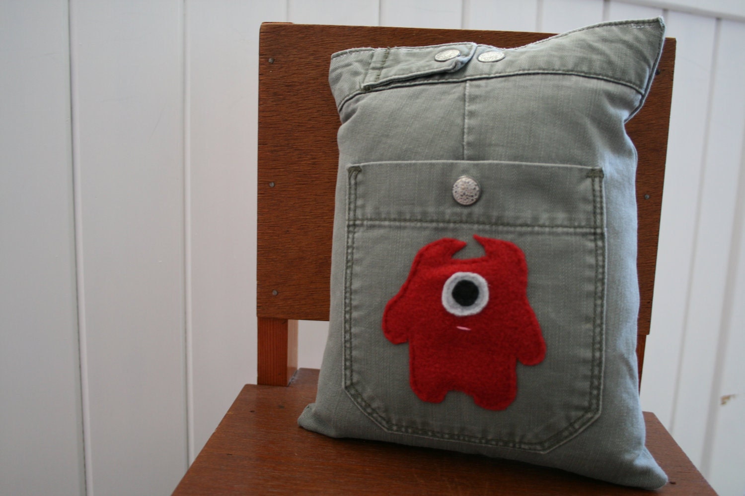 upcycled monster pillow, tooth fairy pillow, children's monster pillow bedding, repurposed pillow, OOAK