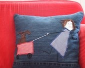 children's pillow, children's bedding, girl dog pillow, denim pillow, upcycled repurposed pillow, applique pillow,  OOAK