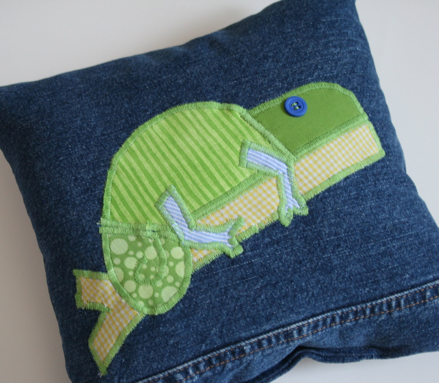 chameleon pillow, upcycled denim pillow, blue and green appliquéd pillow, children's bedding, repurposed reclaimed pillow, OOAK