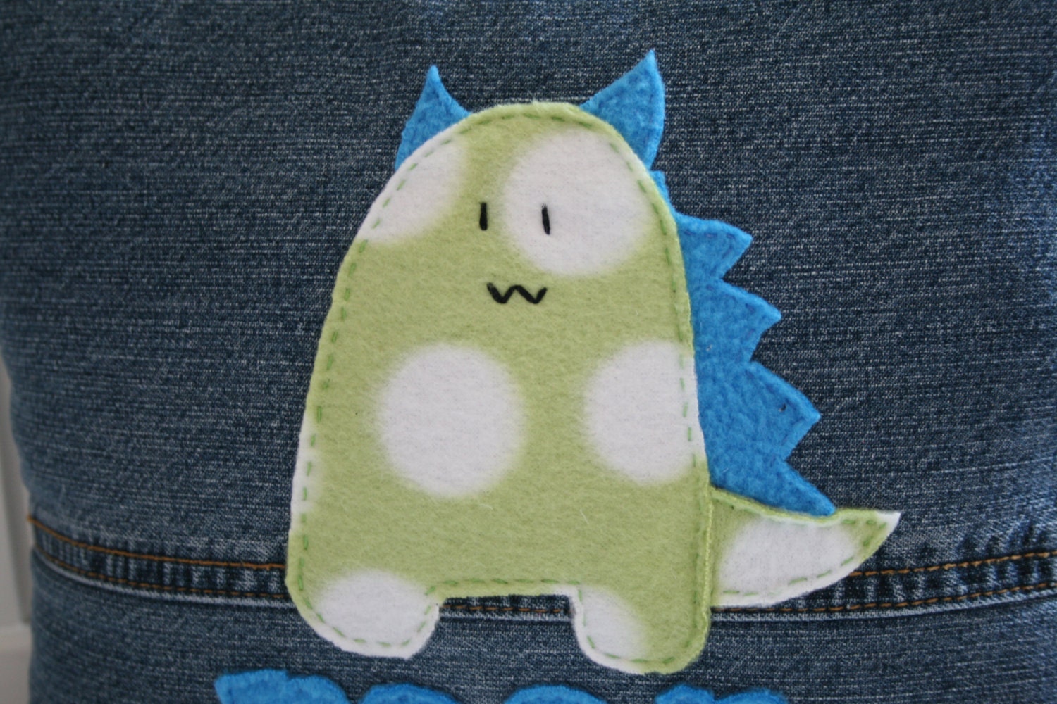 monster pillow, upcycled denim pillow, children's pillow, children's bedding, monster bedding, repurposed reclaimed pillow, OOAK