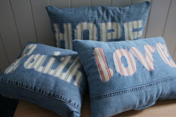 set of three denim pillows, faith/hope/love pillows, OOAK