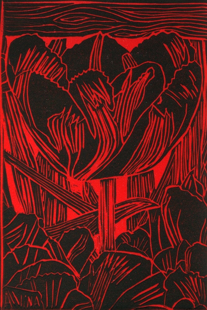 Spring Tulip Linocut Hand Pulled Print Signed ORIGINAL