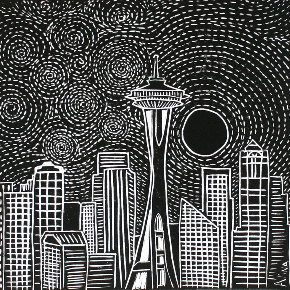 MOONRISE OVER SEATTLE Linocut Hand Pulled OriginalPrint Signed
