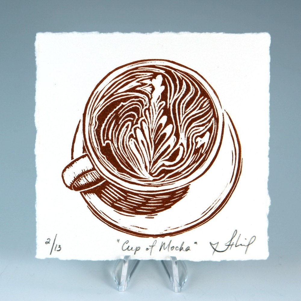 Cup Of MOCHA Linocut Hand Pulled ORIGINAL Print MINIATURE
