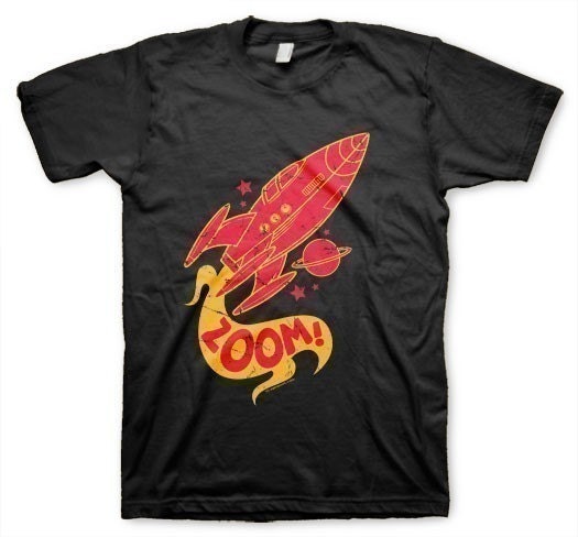 Zoom Men's vintage Inspired Retro Funny Rocket Black T-shirt in S, M, L, XL