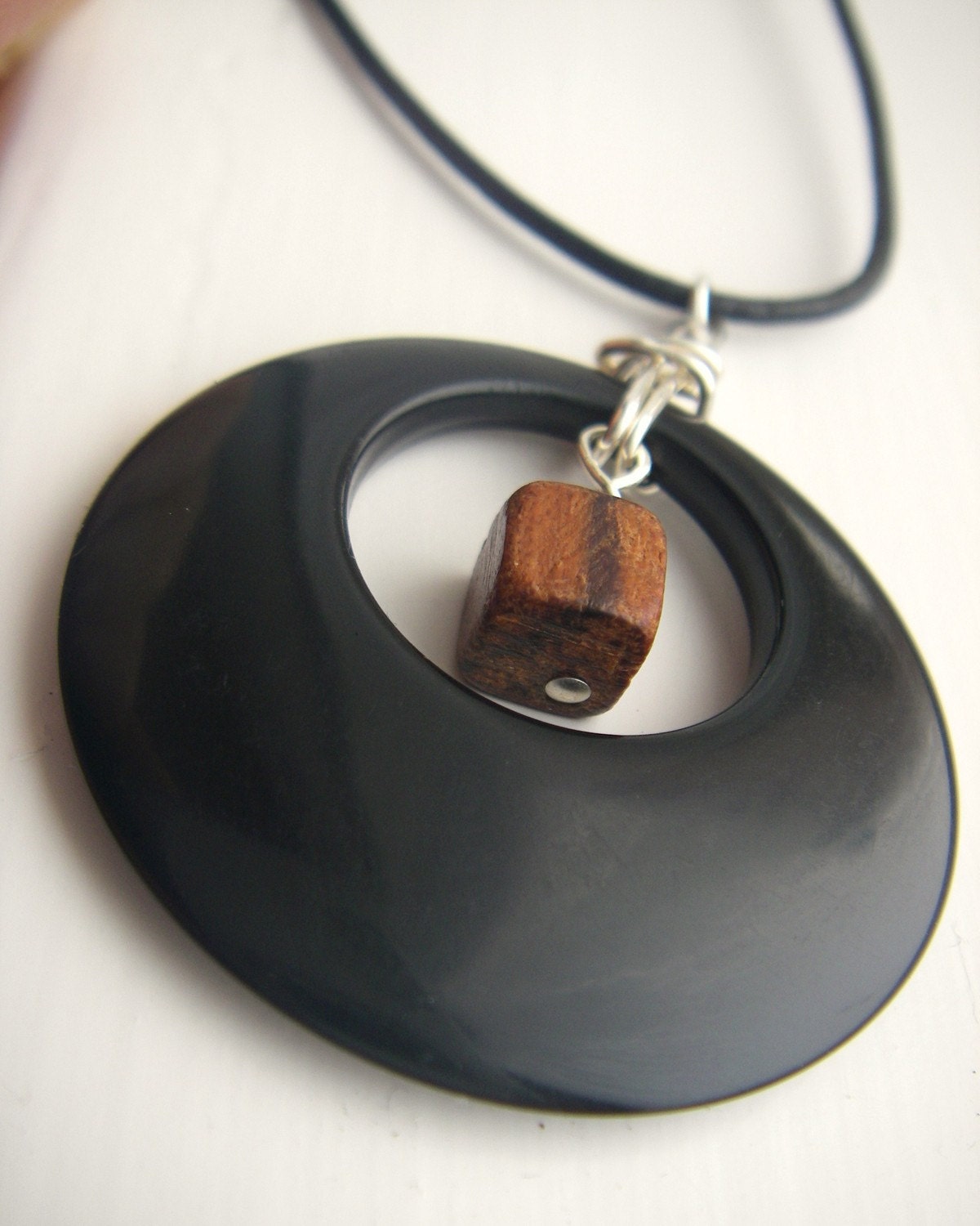 Circle and square necklace - wood and black - cube sphere geometric donut pendant