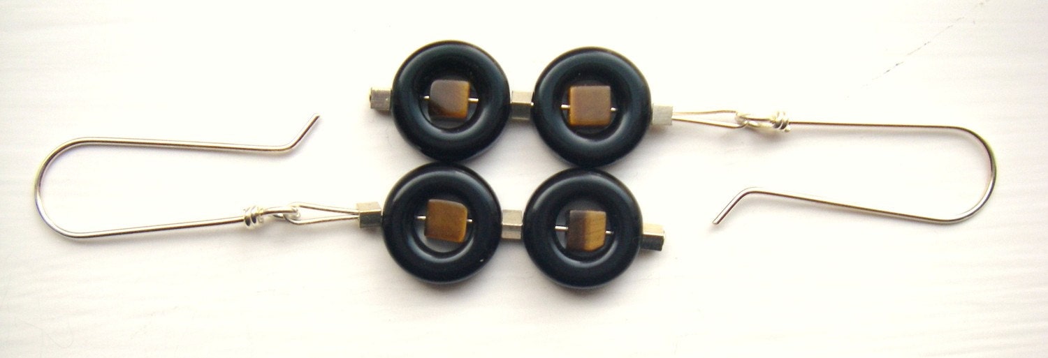 Squares and circles earrings - black and brown - geometric dangle silver earring - onyx tigerseye