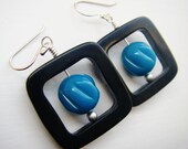 Black and teal geometric earrings - cyan blue, onyx, turquiose, vintage 80s, circle in square, black and blue