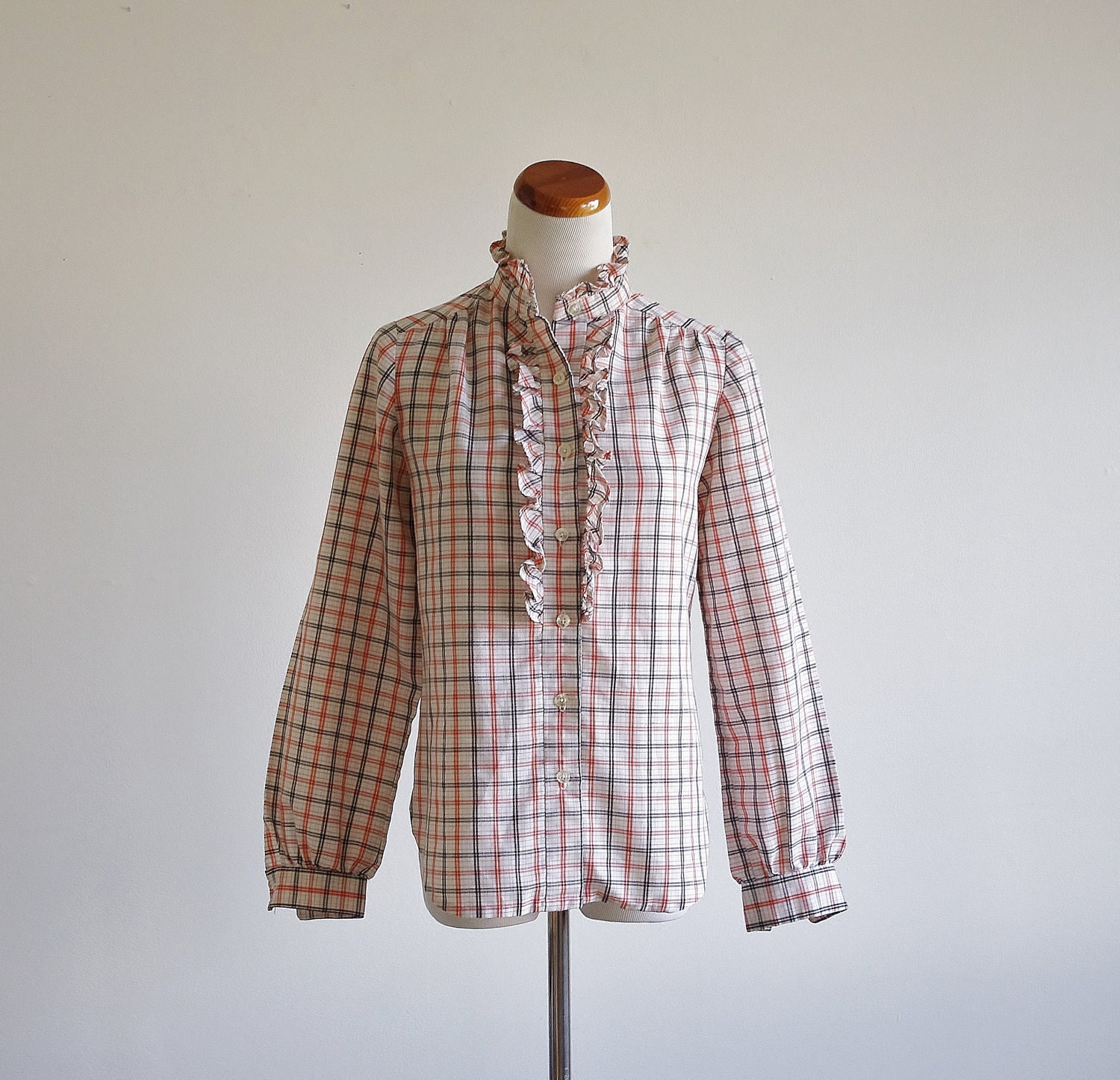 Vintage Plaid Shirt -- Orange & Black Ruffle Button Down Blouse -- Medium