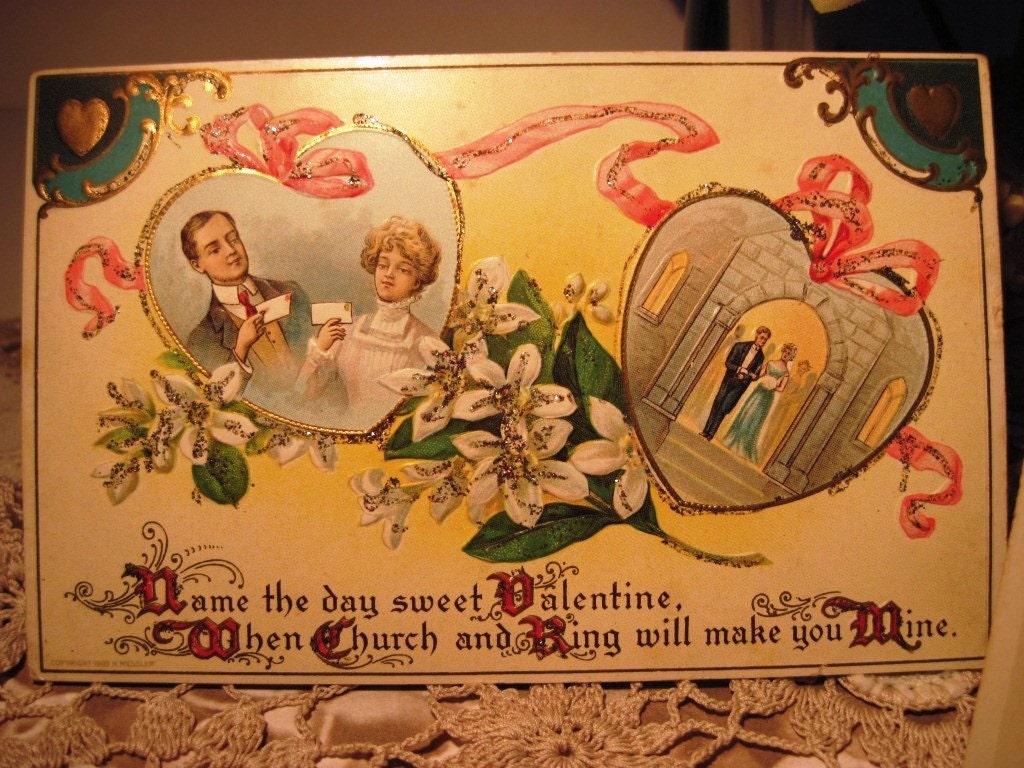 Antique Postcard Romantic Valentines with beautiful glitter in relief from early 1900 s LOT 1