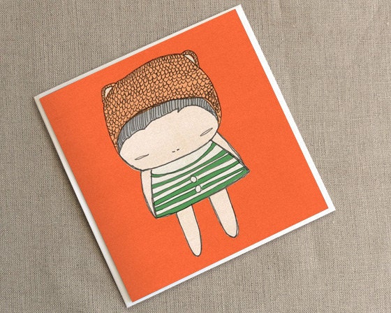 Square Greeting Card - Cute Little Creature Girl - Orange and Green -  5.9 x 5.9 " or 150x150 mm
