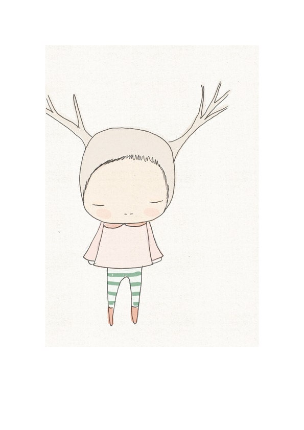Digital Print - Deer Illustration- Cute Little Girl With Stripy Socks - Pink