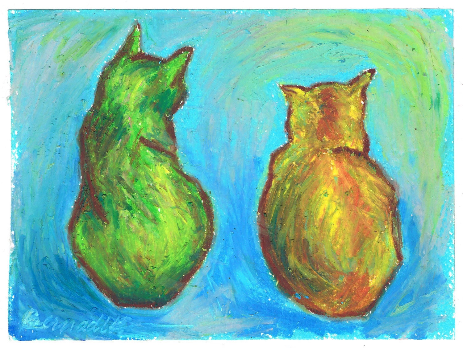 Two Cats After Van Gogh, Print of Original Oil Pastel