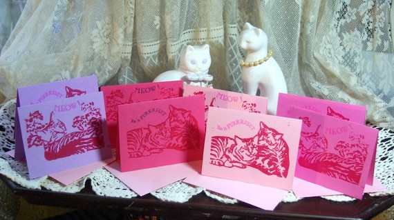 Set of 8 Valentine Linocut Note Cards, Colorful Cats