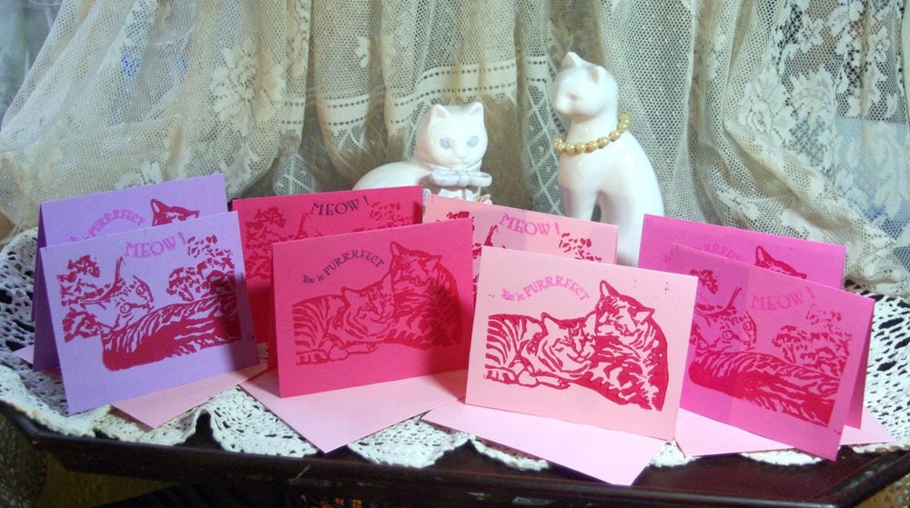 Set of 8 Valentine Linocut Note Cards, Colorful Cats