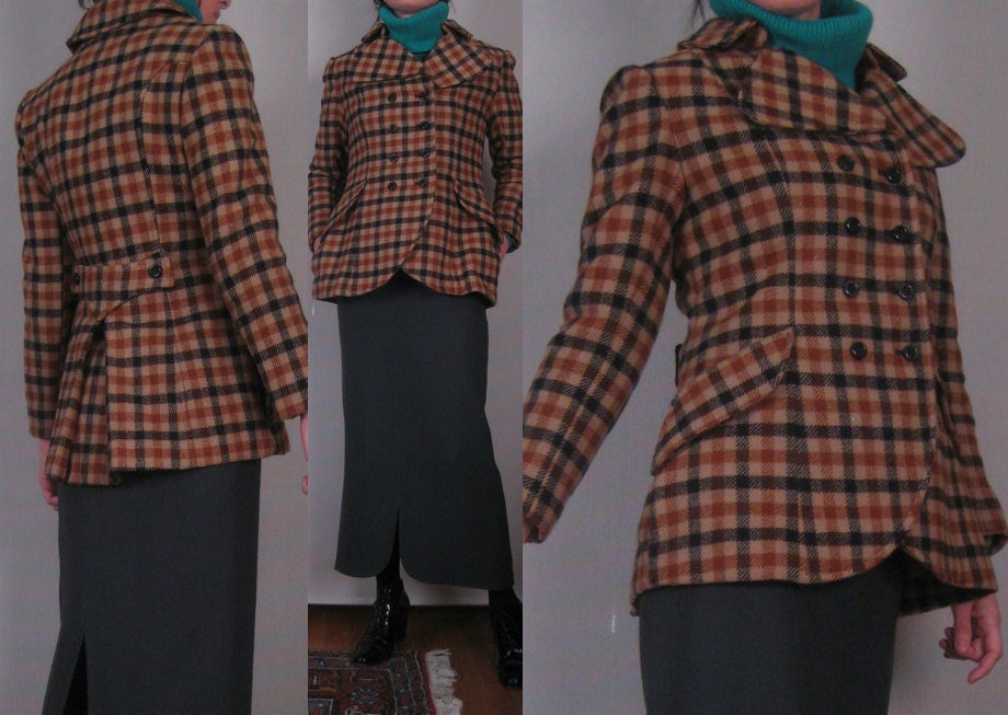 Vtg 60s 70s Chocolate Caramel Plaid Wool DOUBLE BREASTED Pea Coat w/ HUGE Lapels & Back Belt Small Medium