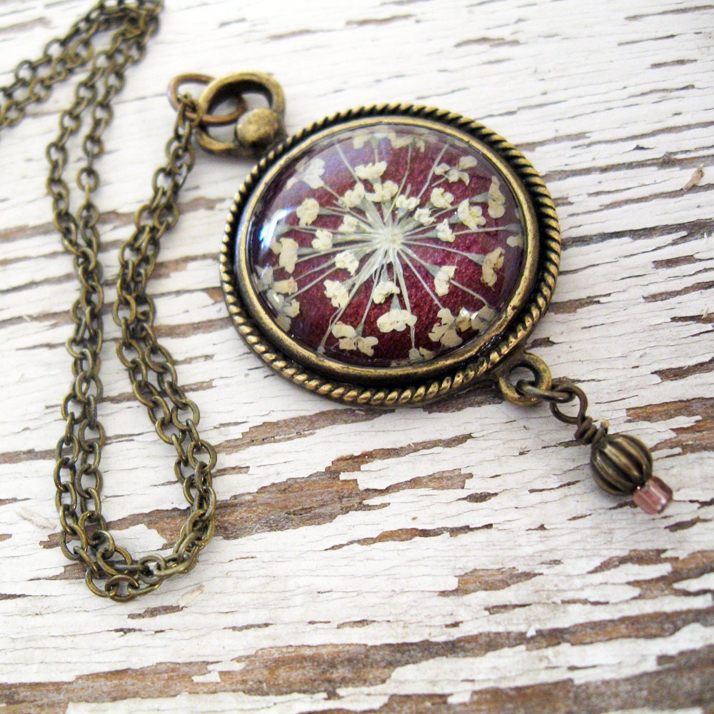 Romantic Plum Queen Annes Lace Vintage Inspired Necklace - Pressed Flower Jewelry