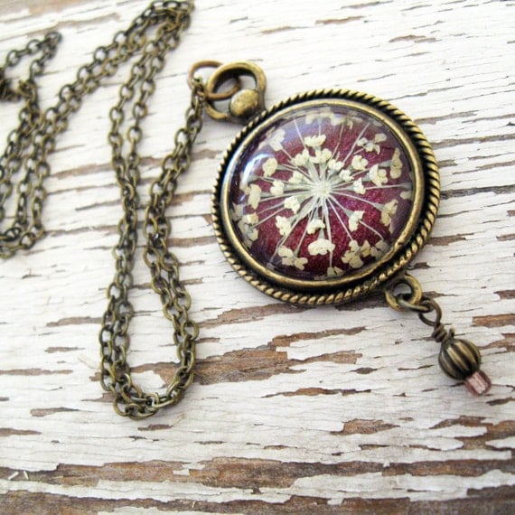 Romantic Plum Queen Annes Lace Vintage Inspired Necklace - Pressed Flower Jewelry