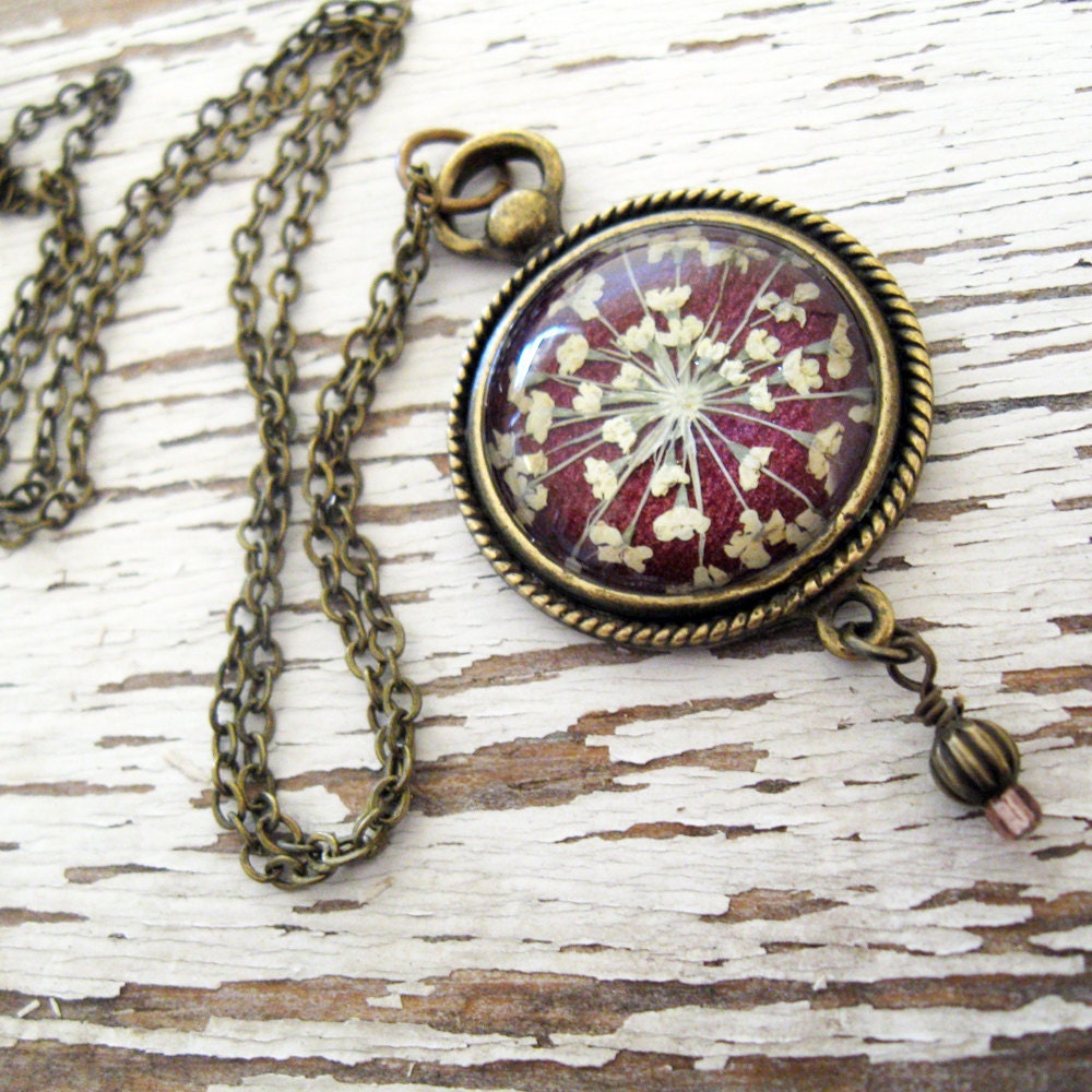 Romantic Plum Queen Annes Lace Vintage Inspired Necklace - Pressed Flower Jewelry